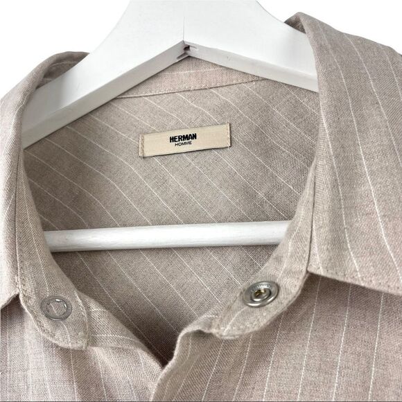 NWOT HERMAN Market Homme Natural Linen Pinstriped Snap Button Up Shirt Size M - Picture 4 of 7